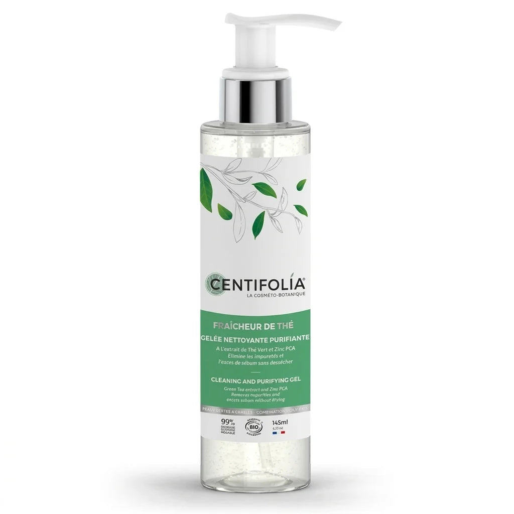 Gelée nettoyante bio Centifolia 145ml flacon transparent avec pompe chrome sur fond blanc