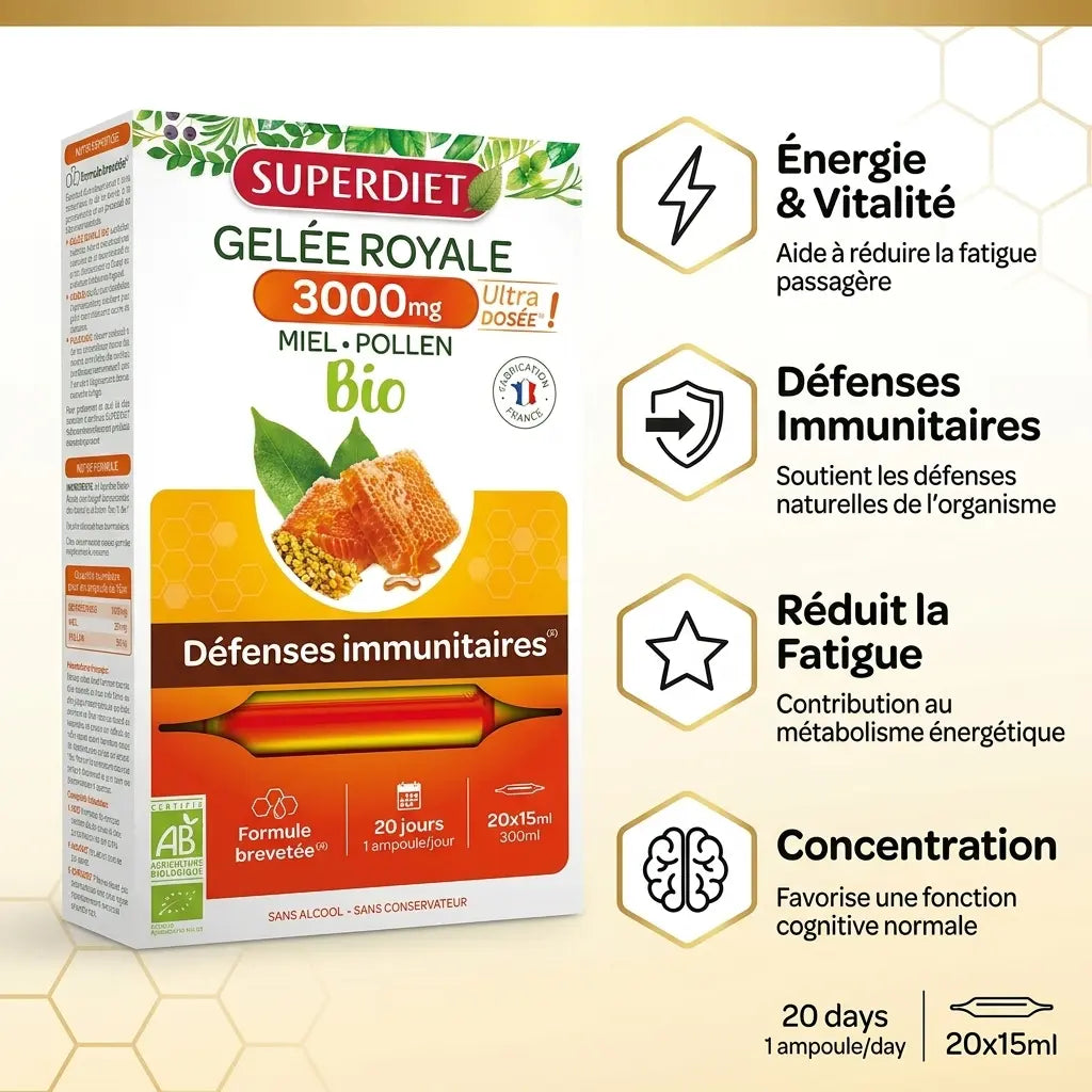 Gelée Royale 3000mg Bio Superdiet - Boîte 20 ampoules avec bénéfices énergie, immunité, fatigue, concentration