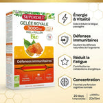 Gelée Royale 3000mg Bio Superdiet - Boîte 20 ampoules avec bénéfices énergie, immunité, fatigue, concentration