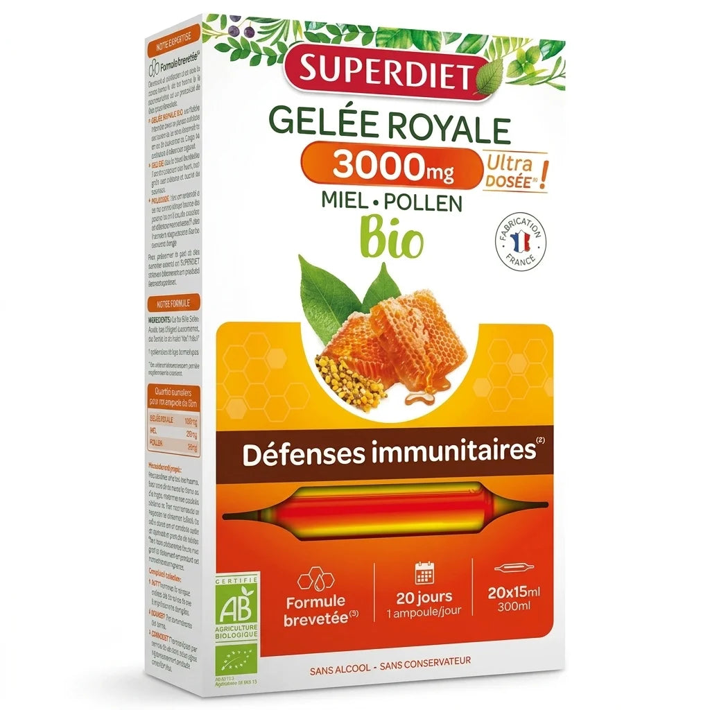 Gelée Royale Bio 3000 mg Superdiet - boîte 20 ampoules 15ml certifiée AB