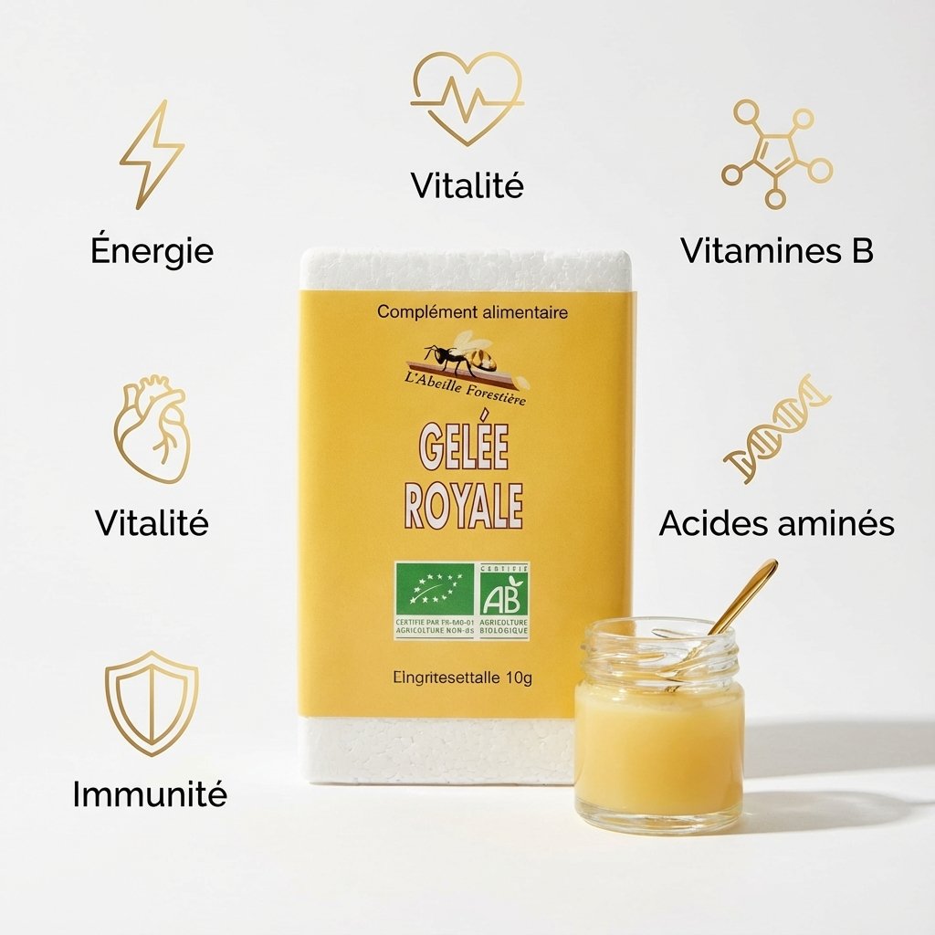 Gelée Royale bio 10g Abeille Forestière avec infographie des bénéfices santé et certifications AB