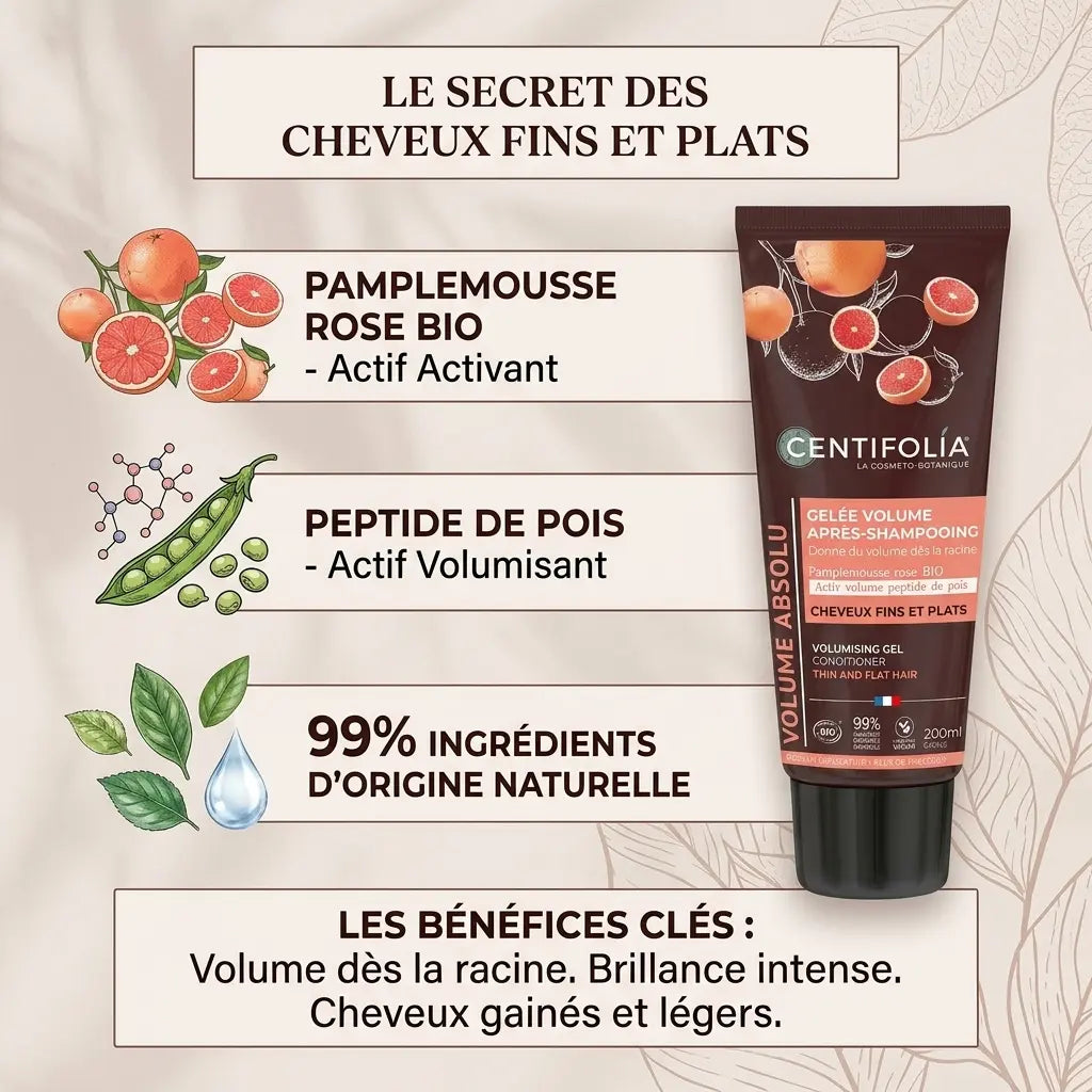 Gelée Volume Après-Shampooing Centifolia 200ml avec ingrédients naturels pamplemousse rose et peptides de pois