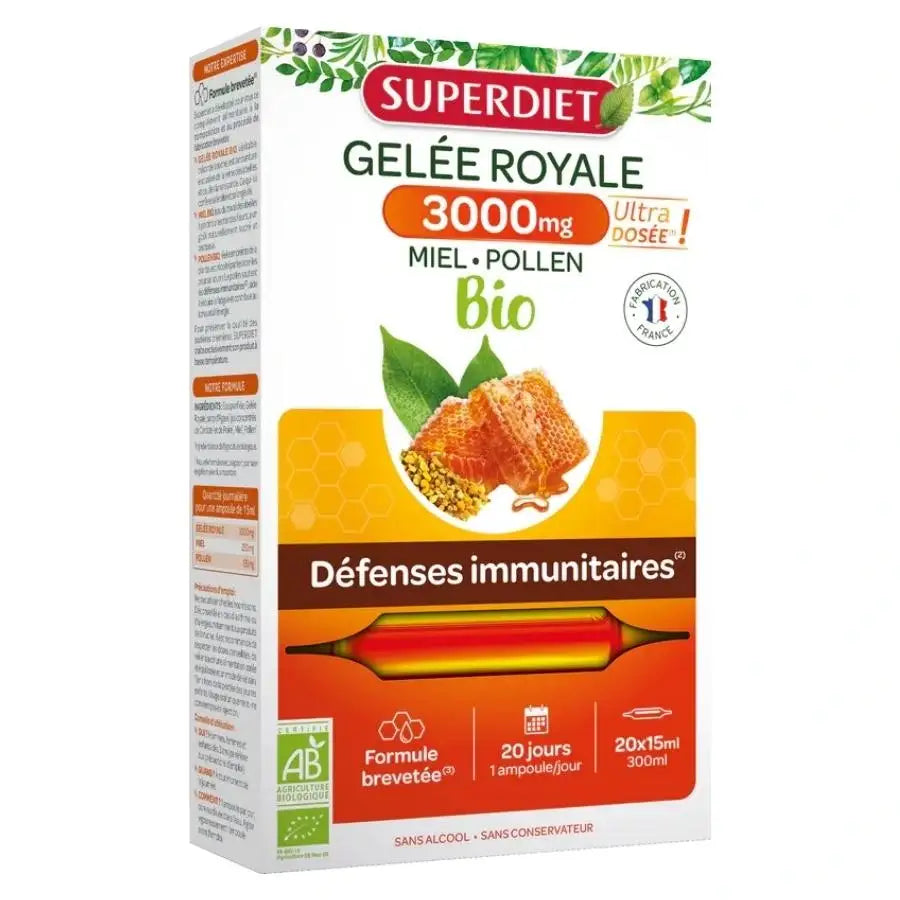 Une boite de 20 ampoules de Gelée Royale Bio ultra dosée 3000 mg de Superdiet