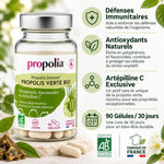 Gélules propolis verte bio Propolia avec infographie bénéfices santé et certifications françaises