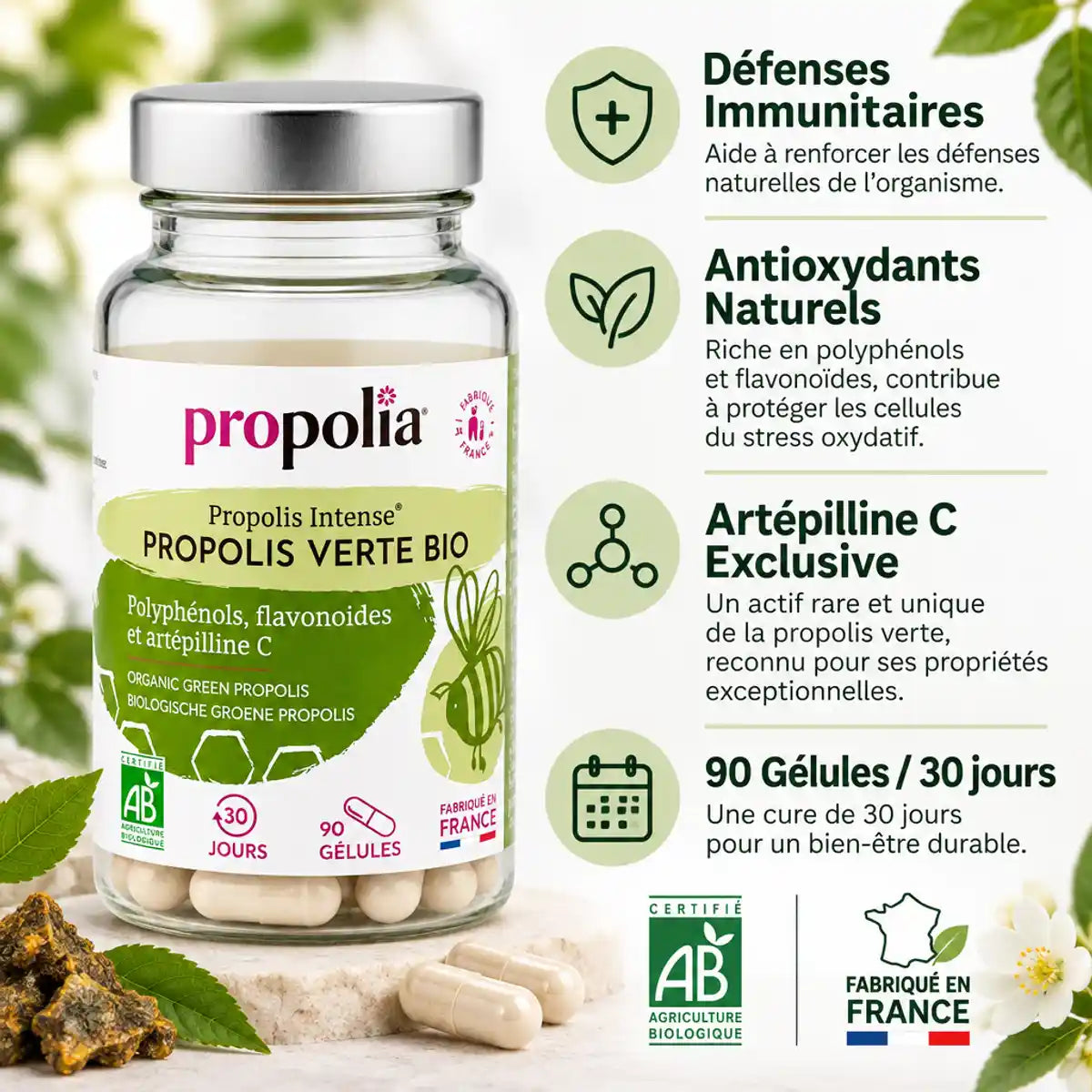 Gélules propolis verte bio Propolia avec infographie bénéfices santé et certifications françaises