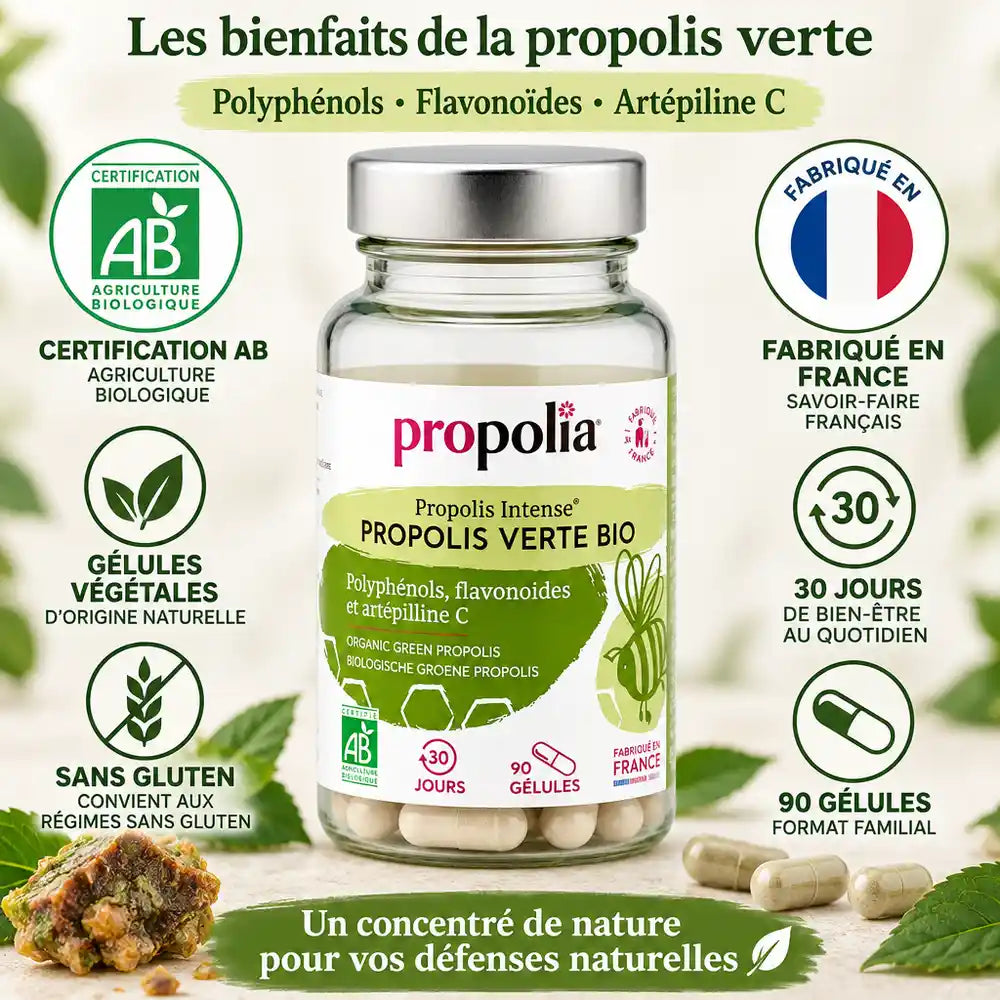 Gélules de propolis verte bio Propolia certifiées AB, fabriquées en France, sans gluten