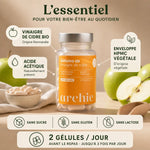 Gélules vinaigre de cidre BIO Archie 60 capsules avec pommes et ingrédients naturels sur fond beige