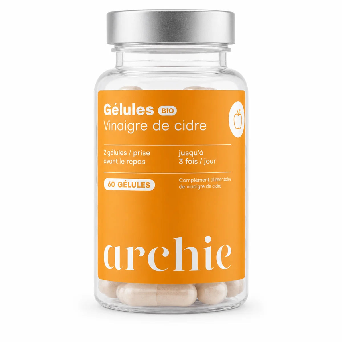 Gélules BIO Vinaigre de cidre Archie 60 capsules bouteille verre étiquette orange