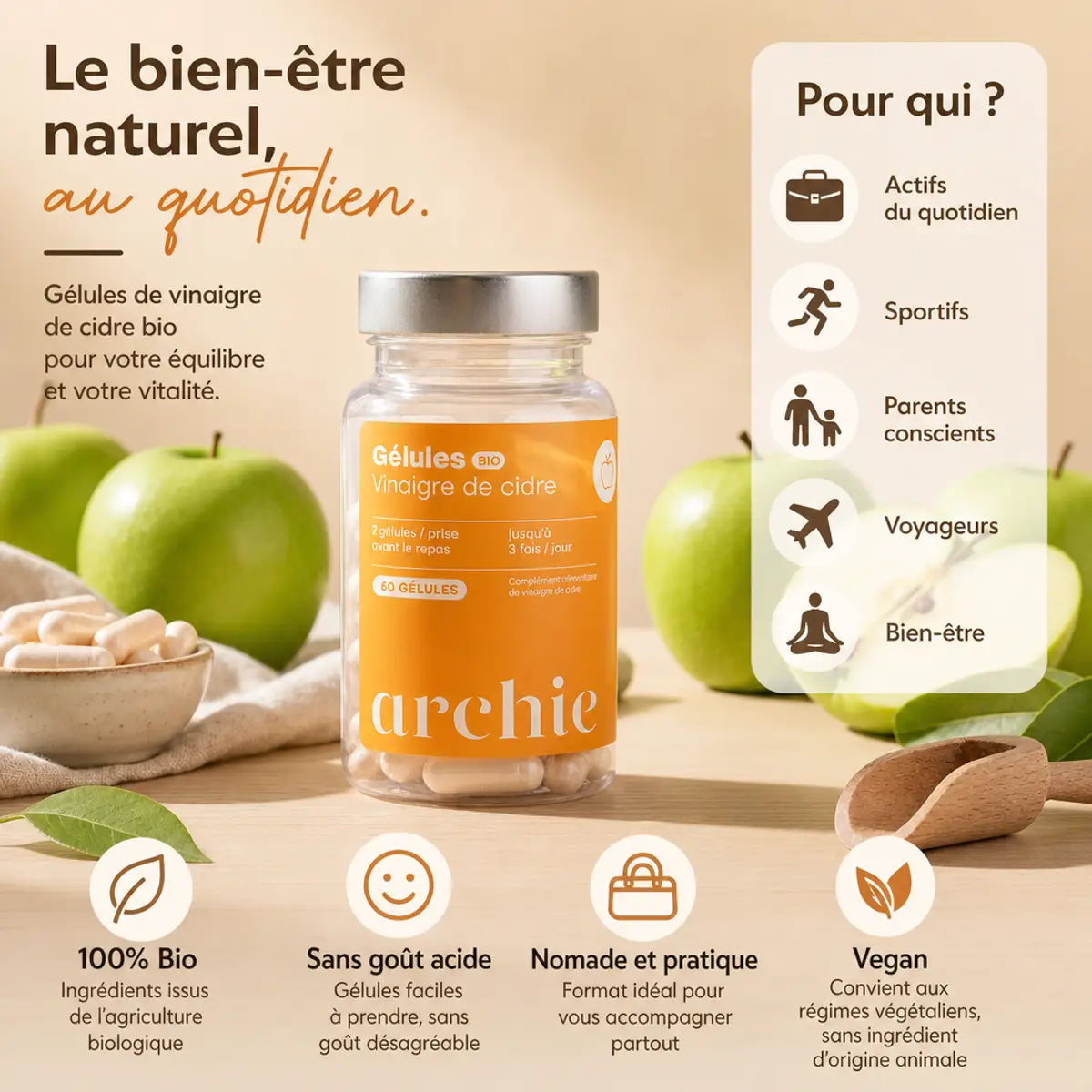 Gélules Vinaigre de cidre BIO Archie 60 capsules avec pommes fraîches et bénéfices bien-être