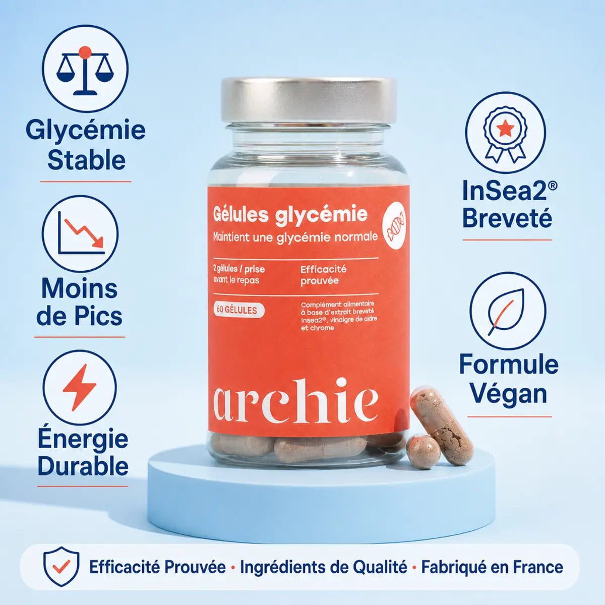 Gélules Glycémie Archie x60 avec bénéfices : glycémie stable, énergie durable, formule végan
