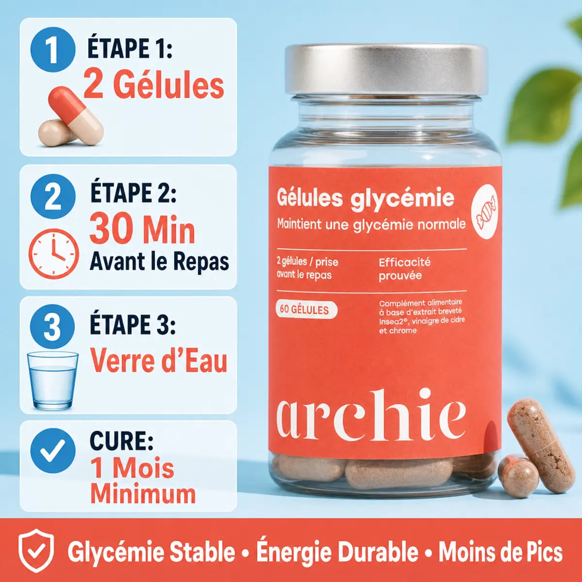 Gélules Glycémie Archie x60 avec mode d'emploi : 2 gélules, 30 min avant repas, verre d'eau, cure 1 mois
