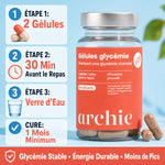 Gélules Glycémie Archie x60 avec mode d'emploi : 2 gélules, 30 min avant repas, verre d'eau, cure 1 mois