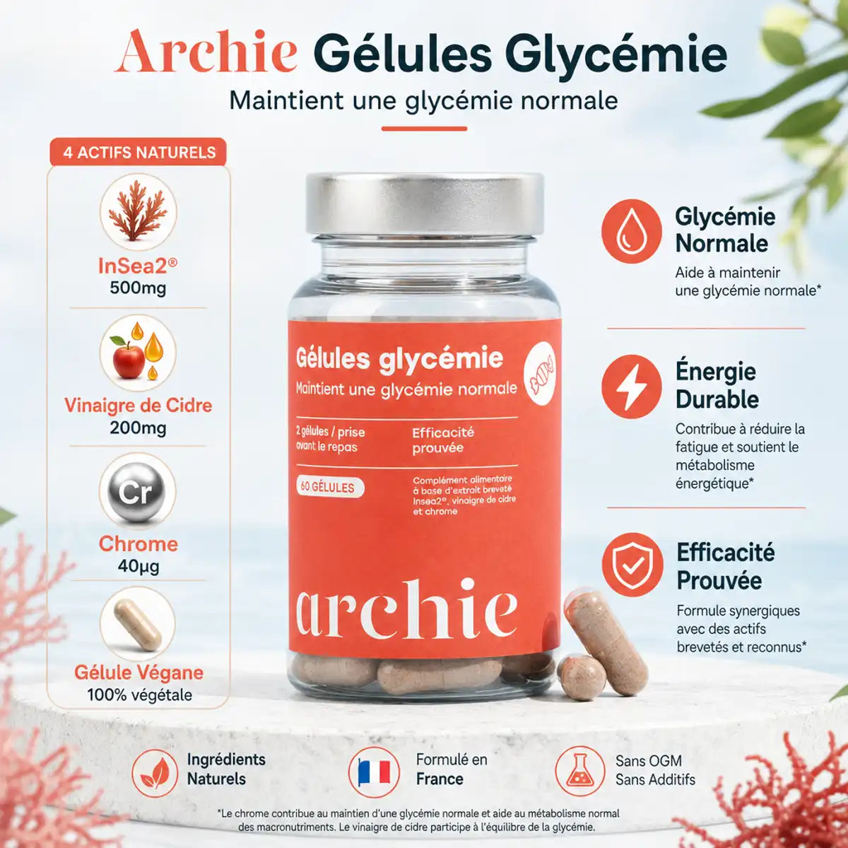 Gélules Glycémie Archie x60 avec InSea2, vinaigre de cidre et chrome pour glycémie normale
