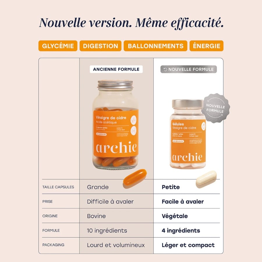 Comparatif entre l'ancienne et la nouvelle version des gélules de vinaigre de cidre Archie