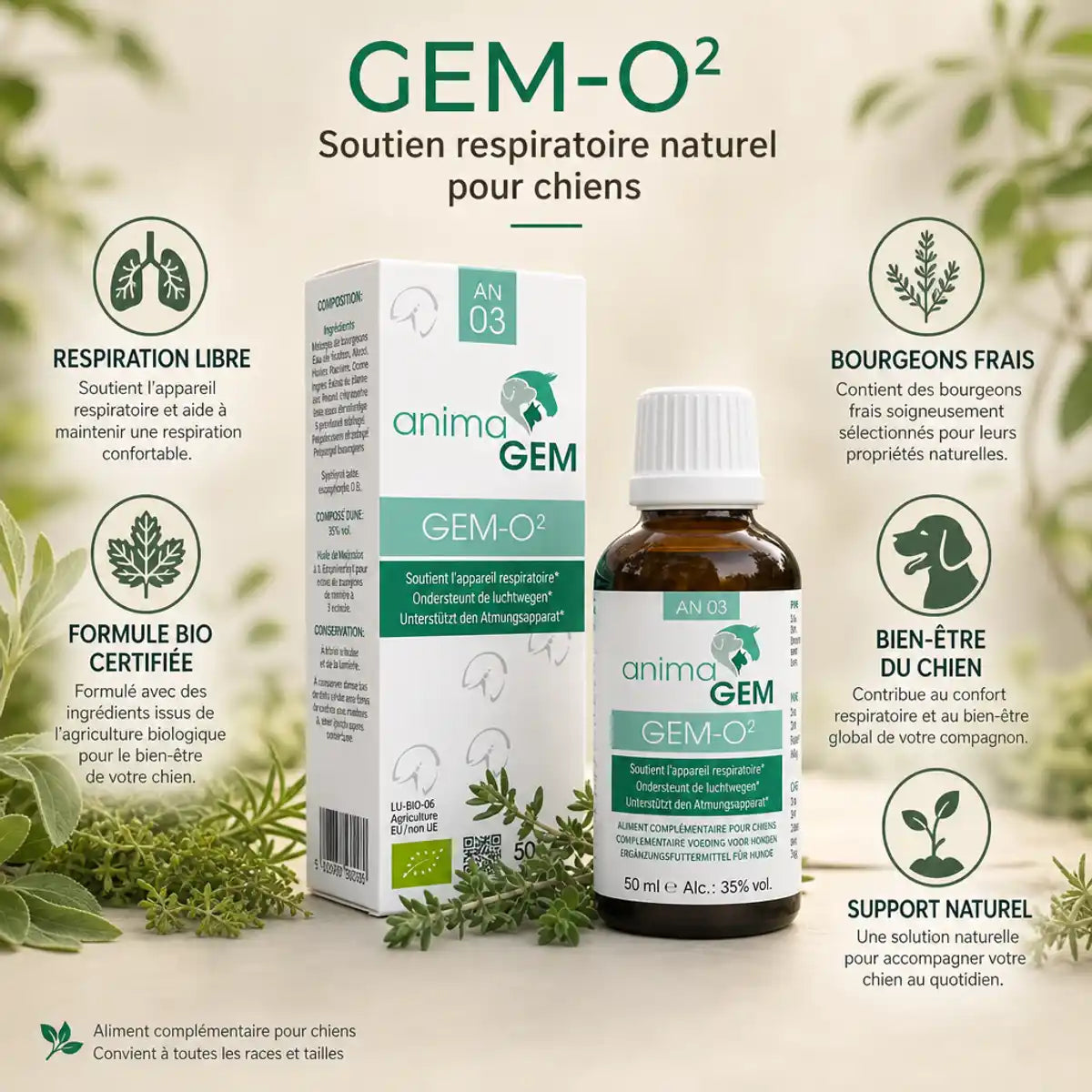 AnimaGEM Gem-O² 15ml soutien respiratoire naturel pour chiens avec infographie des 5 bénéfices