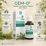 AnimaGEM Gem-O² 15ml soutien respiratoire naturel pour chiens avec infographie des 5 bénéfices