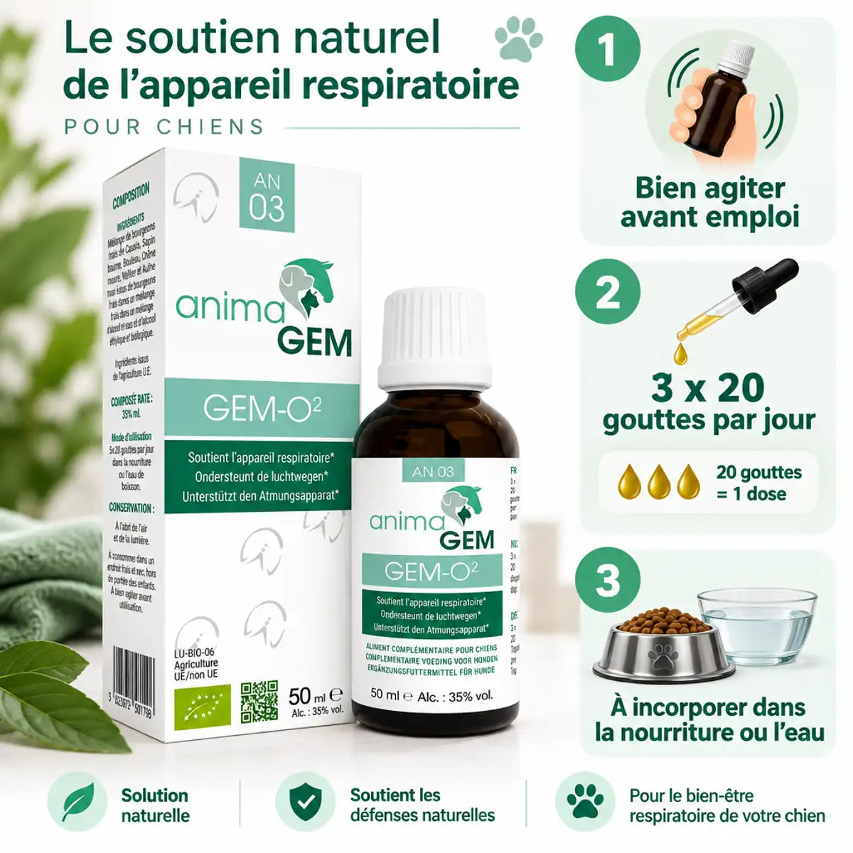 Gem-02 soutien respiratoire AnimaGEM 15ml avec dosage 3x20 gouttes et mode d'emploi illustré