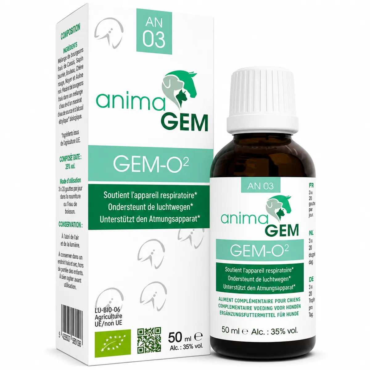 Flacon Gem-O2 soutien respiratoire AnimaGEM 15ml avec compte-gouttes, fond blanc