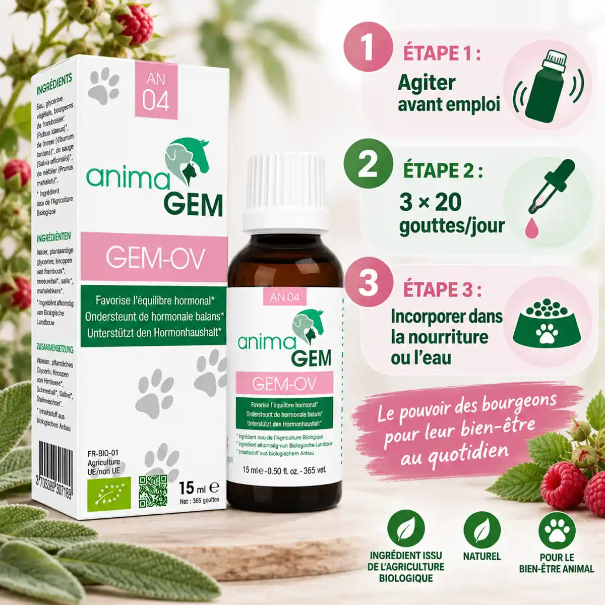Gem-OV AnimaGEM 15ml équilibre hormonal avec mode d'emploi infographie étapes utilisation