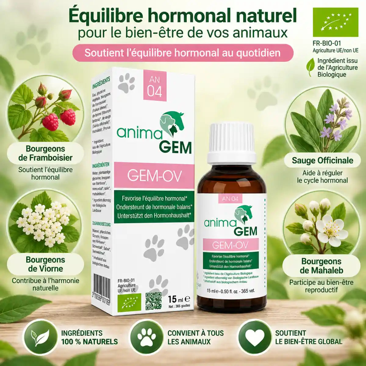 Gem-0V flacon 15ml équilibre hormonal AnimaGEM avec ingrédients botaniques certificat bio