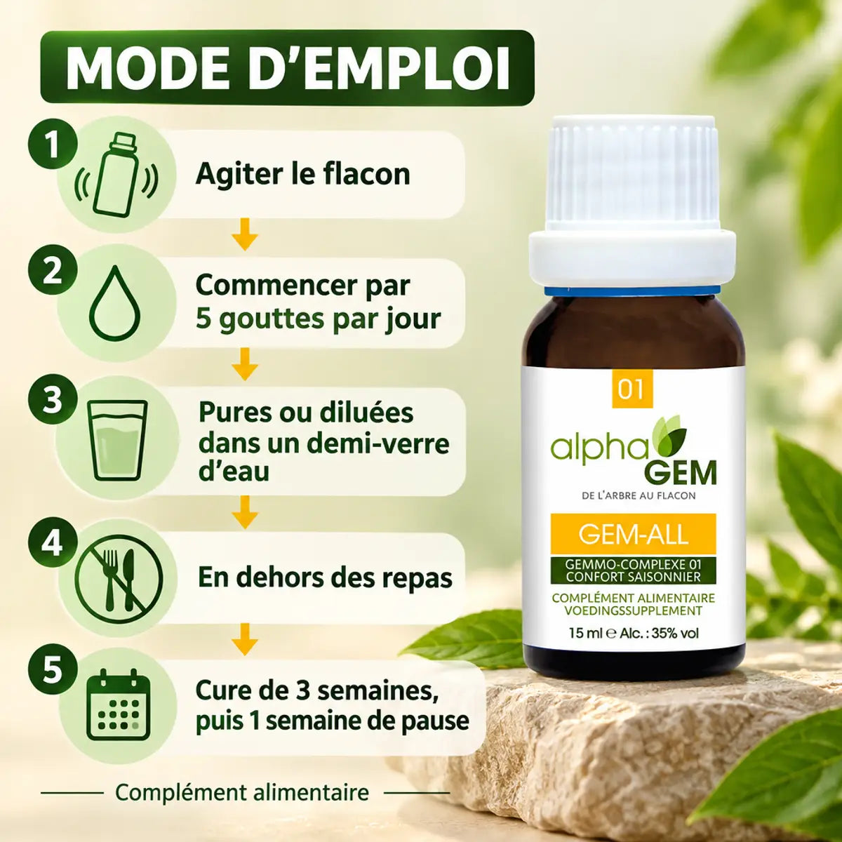 Flacon Gem-All 01 Bio 15 ml Alphagem avec mode d'emploi en 5 étapes : posologie et cure de 3 semaines