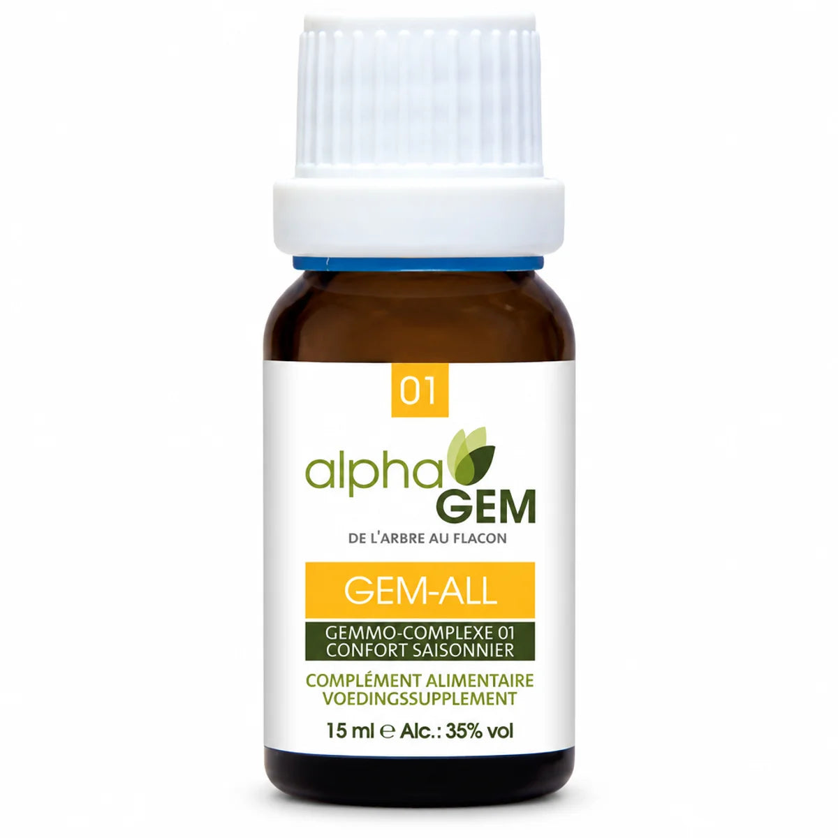 Flacon en verre ambré de 15 ml Gem-All 01 Bio, complexe gemmothérapie confort saisonnier d'Alphagem, sur fond blanc