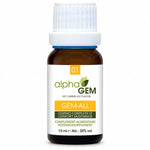 Flacon en verre ambré de 15 ml Gem-All 01 Bio, complexe gemmothérapie confort saisonnier d'Alphagem, sur fond blanc