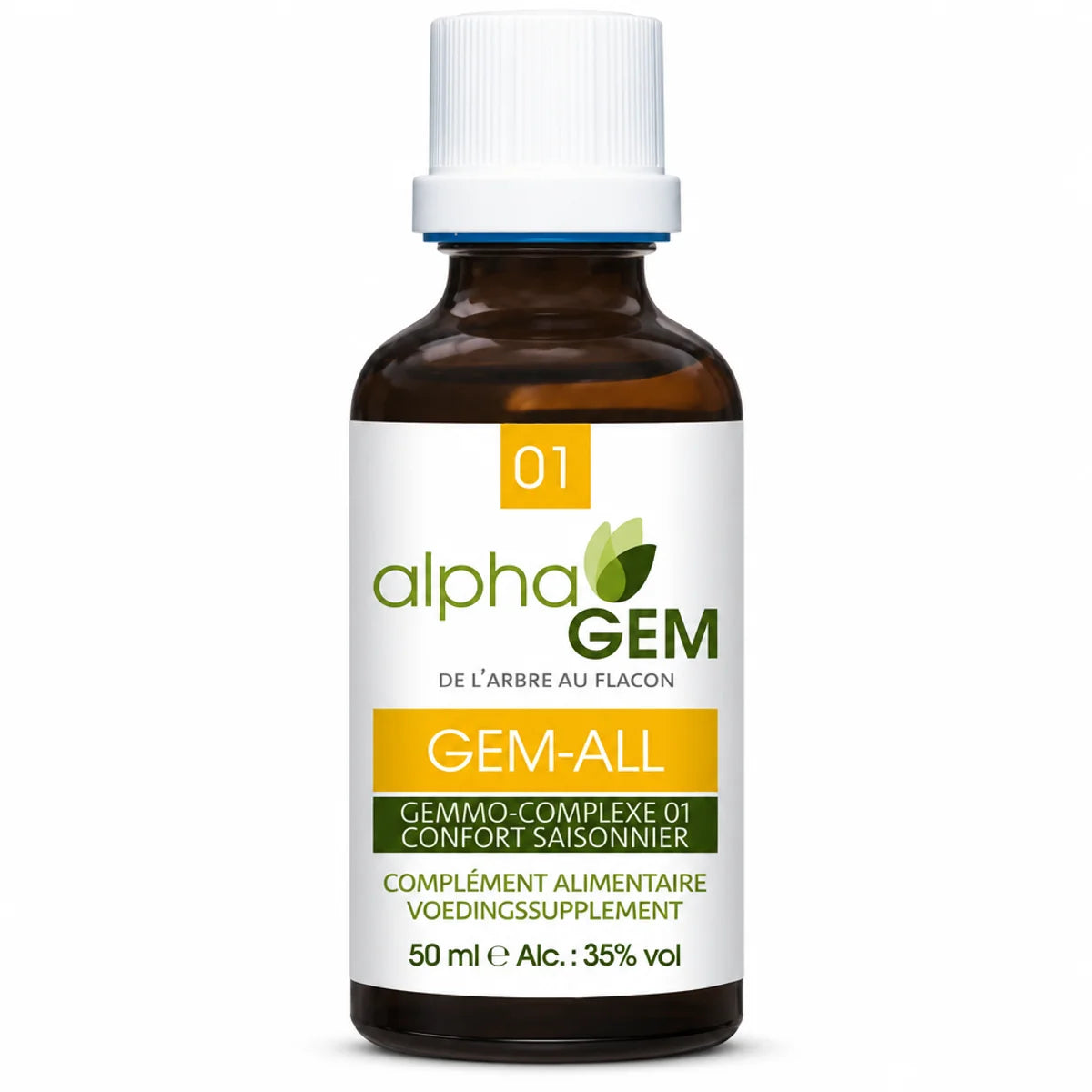 Flacon compte-gouttes 50 ml Gem-All 01 Bio d'Alphagem, en verre ambré, étiquette feuille verte et bannière jaune