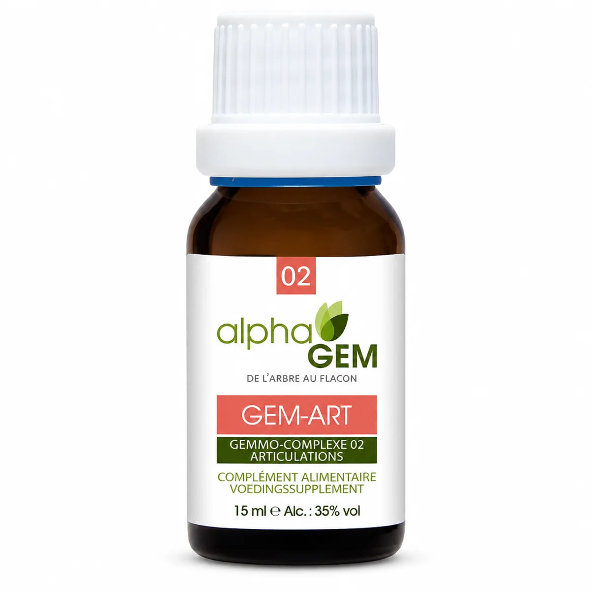 Flacon en verre ambré de 15 ml Gem-Art 02 Bio Alphagem, bouchon blanc et étiquette avec logo alphaGEM et mention Gemmo-Complexe 02 Articulations