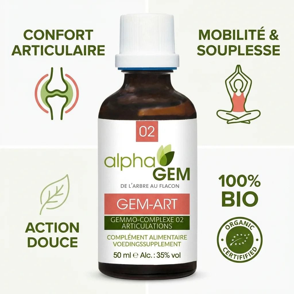 Gem-Art 02 Bio 50ml Alphagem bouteille avec infographies confort articulaire et mobilité