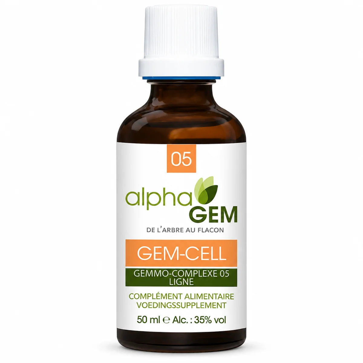 Flacon compte-gouttes ambré Alphagem GEM-CELL 05 de 50 ml, fond blanc, étiquette orange "05" et logo alphaGEM vert
