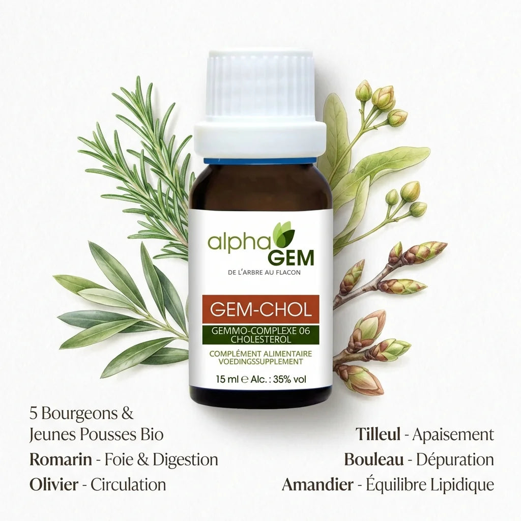 Gem-Chol 06 Bio 15ml Alphagem avec ingrédients bio : romarin, olivier, tilleul, bouleau, amandier