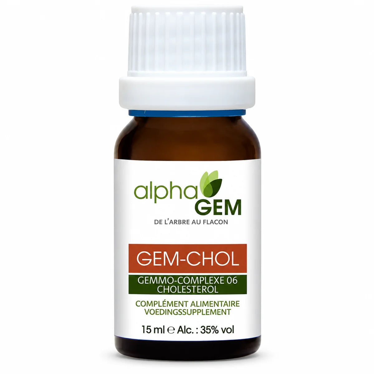Flacon ambré de 15 ml Gem-Chol 06 Bio d'alphaGEM, complexe gemmothérapie cholestérol, sur fond blanc