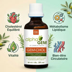 Gem-Chol 06 Bio 50ml avec icônes bénéfices : cholestérol équilibré, métabolisme lipidique, vitalité et circulation