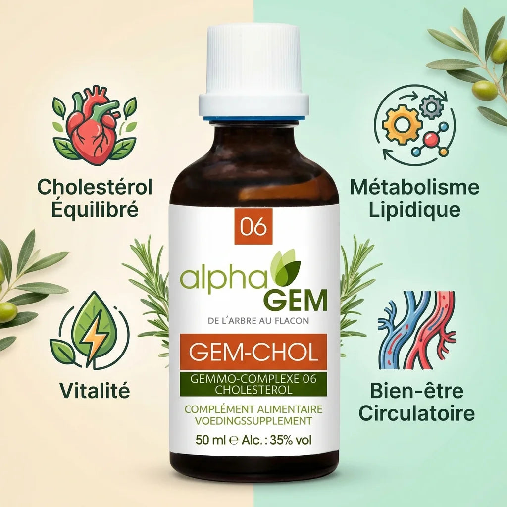 Gem-Chol 06 Bio 50ml avec icônes bénéfices : cholestérol équilibré, métabolisme lipidique, vitalité et circulation
