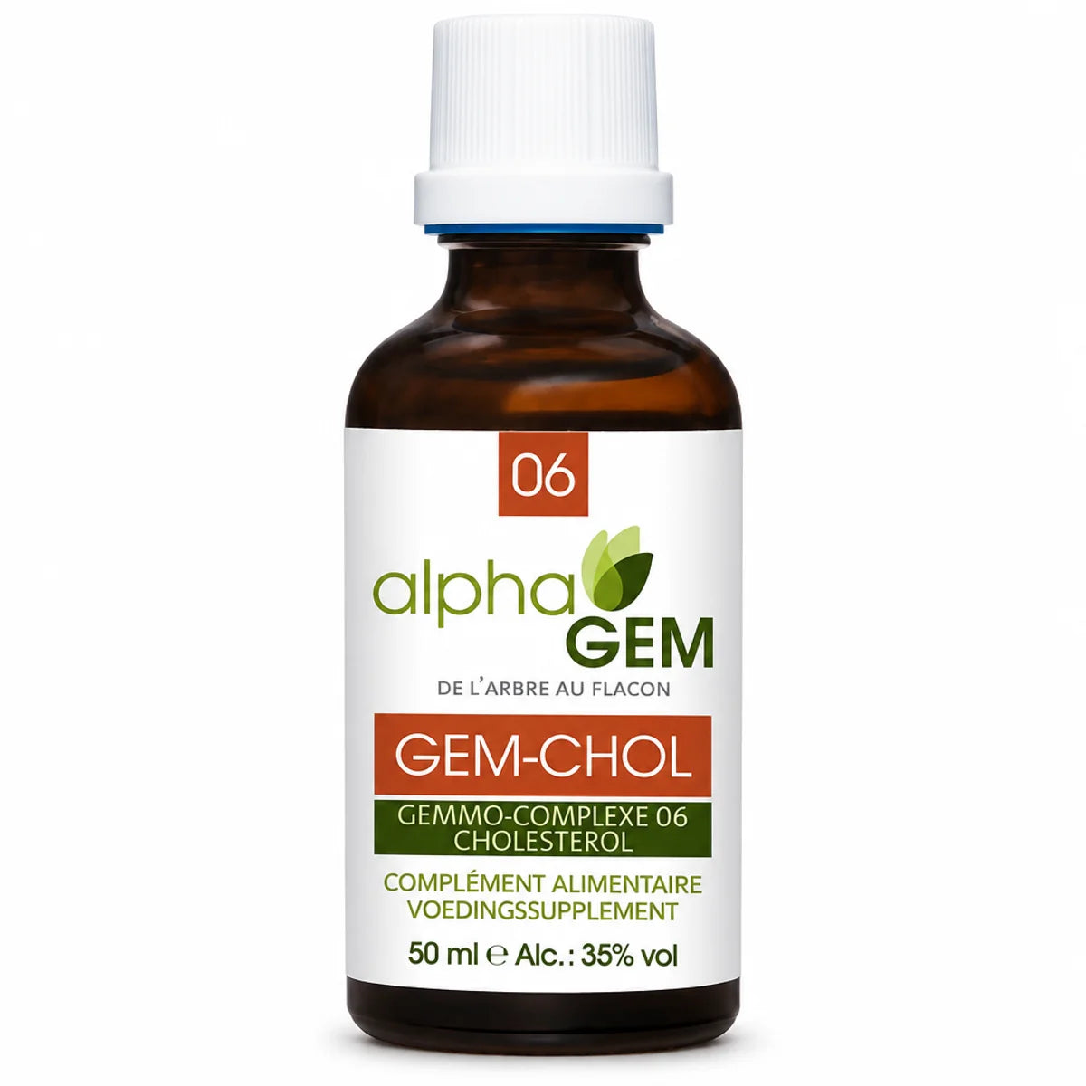 Flacon compte-gouttes ambré Gem-Chol 06 Bio 50 ml d'Alphagem, complexe gemmothérapie cholestérol, fond blanc