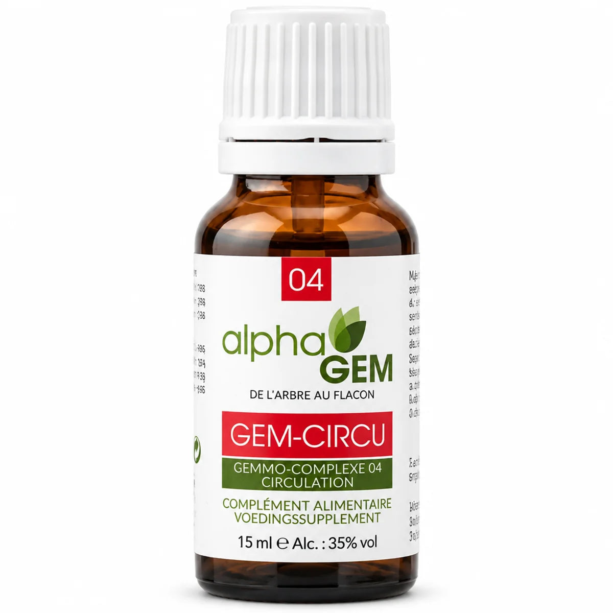 Flacon compte-gouttes ambré avec étiquette alphaGEM "Gem-Circu 04 Bio" 15 ml, badge rouge 04 et bandeau GEMMO-COMPLEXE 04 CIRCULATION