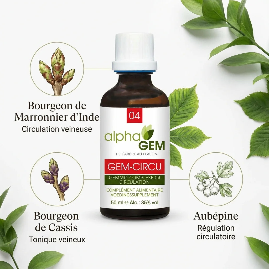 Gem-Circu 04 Bio 50ml flacon avec ingrédients botaniques Marronnier d'Inde circulation
