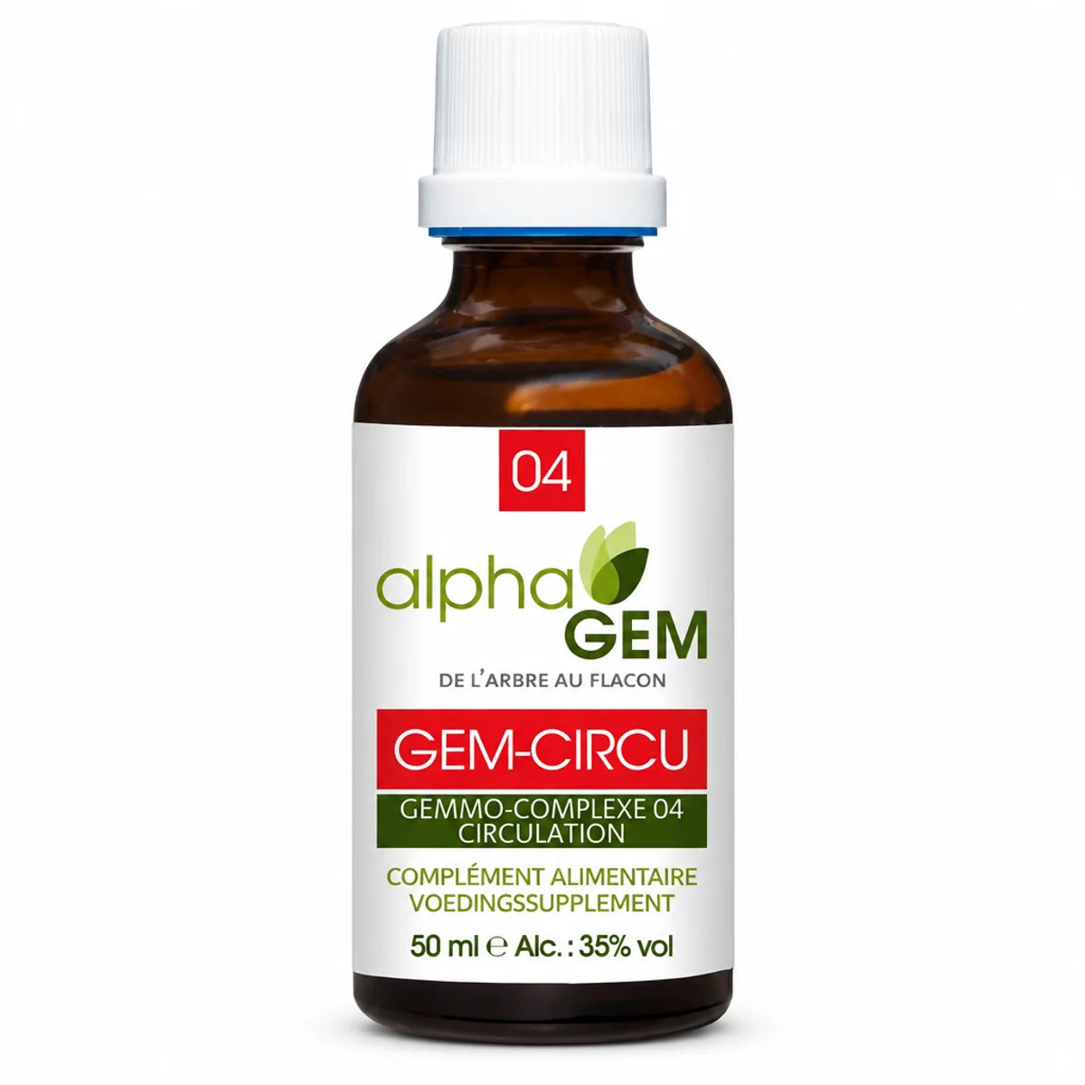 Flacon en verre ambré Gem-Circu 04 Bio 50 ml d'Alphagem, complexe de gemmothérapie, sur fond blanc