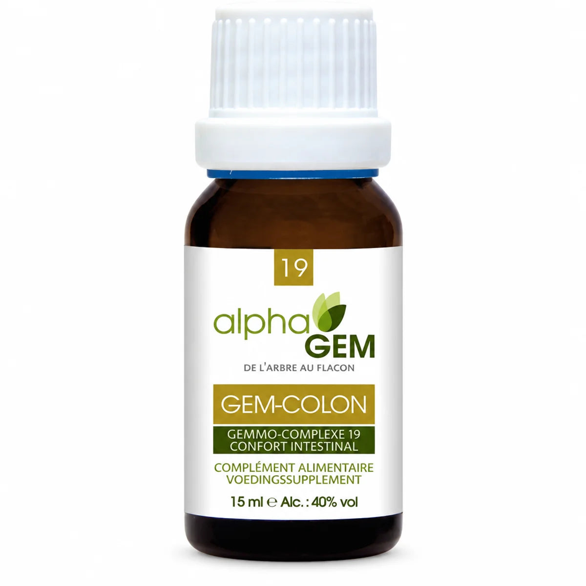 Flacon ambré de 15 ml Gem-Colon 19 Bio Alphagem, complexe gemmothérapie pour le confort intestinal, fond blanc