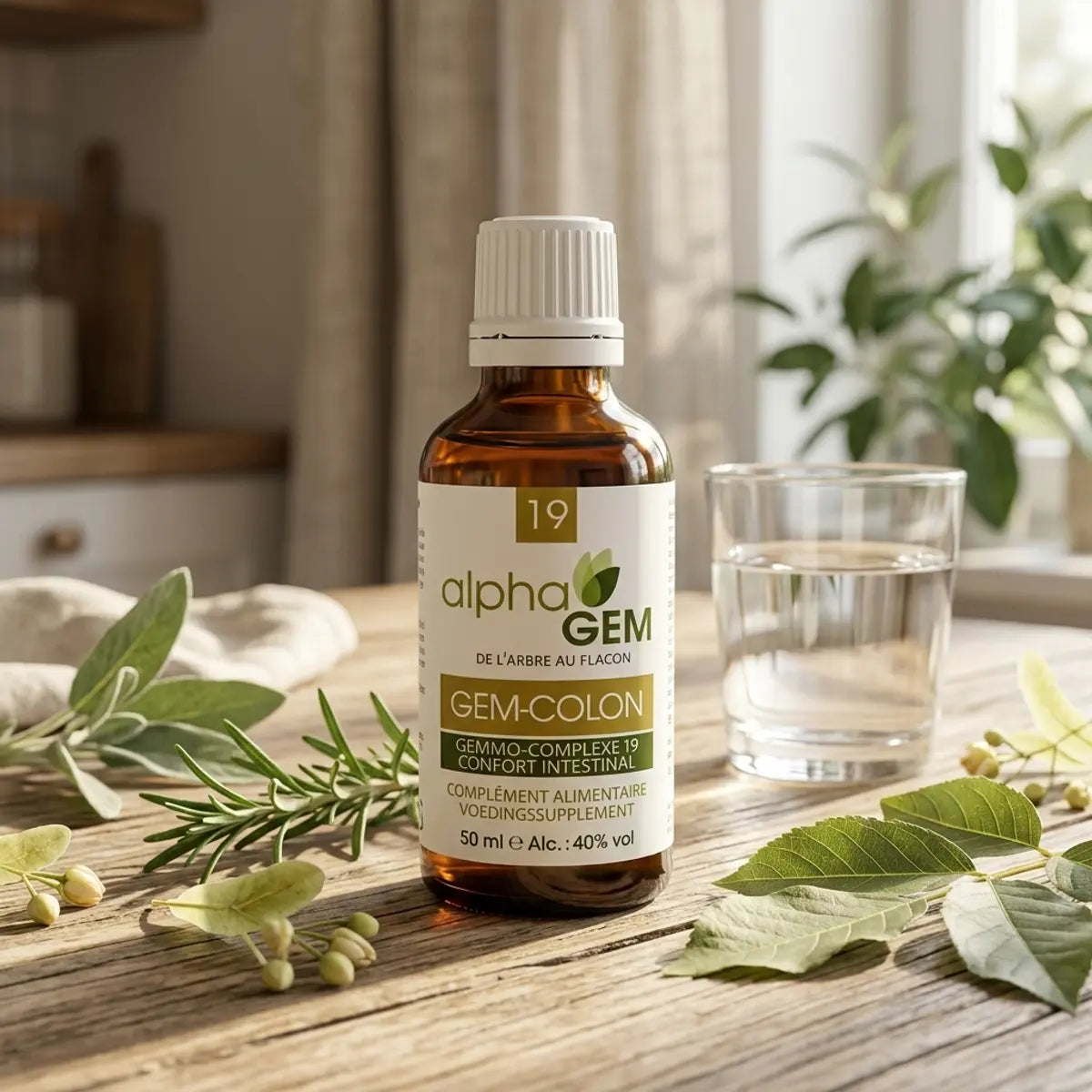 Flacon Gem-Colon 19 Bio Alphagem 50 ml sur table en bois, entouré de romarin, fleurs de tilleul et feuilles de noyer