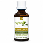Flacon compte-gouttes ambré 50 ml Gem-Colon 19 Bio d'Alphagem sur fond blanc, étiquette avec logo feuille verte