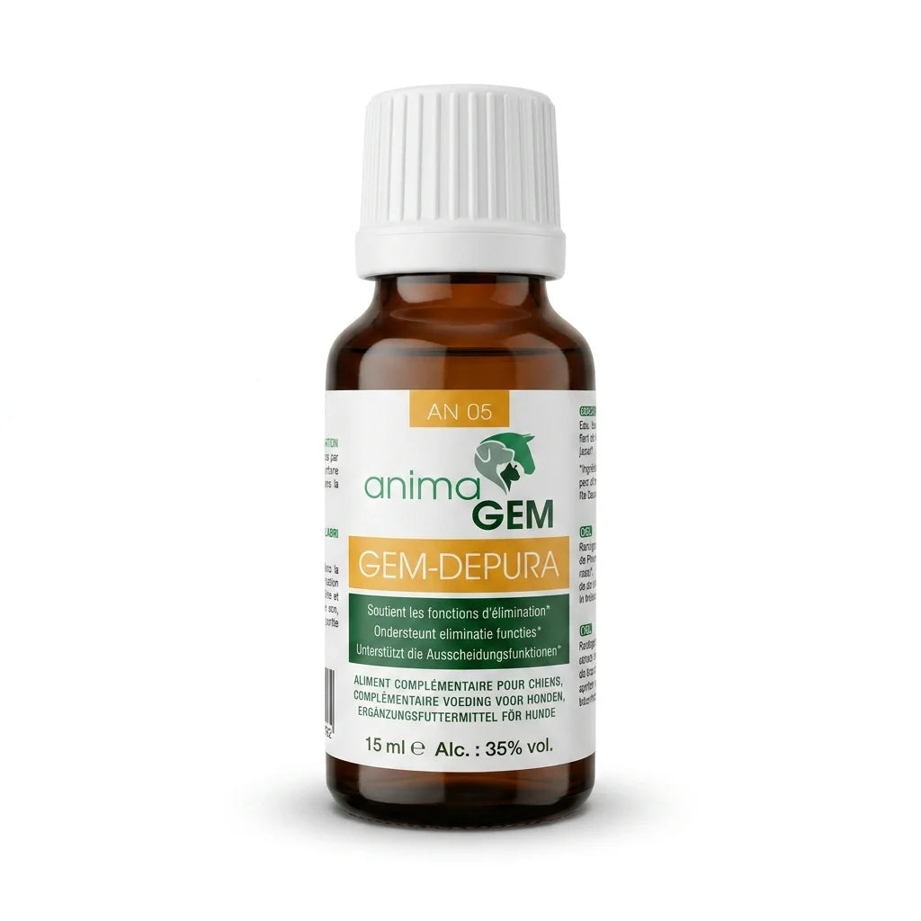 Gem-Depura 15ml flacon en verre ambré ANIMAGEM avec bouchon blanc et étiquettes vertes oranges