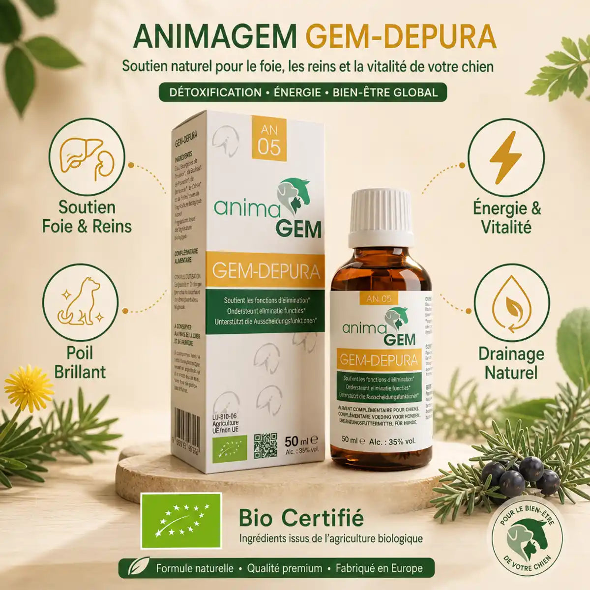 Gem-Depura AnimaGEM détox foie 15ml avec bénéfices wellness et certification bio pour chiens