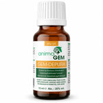 Flacon en verre ambré Gem-Depura detox foie AnimaGEM 15 ml, étiquette blanche, logo animaGEM vert, fond blanc studio