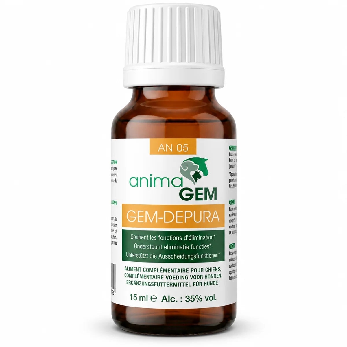 Flacon en verre ambré Gem-Depura detox foie AnimaGEM 15 ml, étiquette blanche, logo animaGEM vert, fond blanc studio