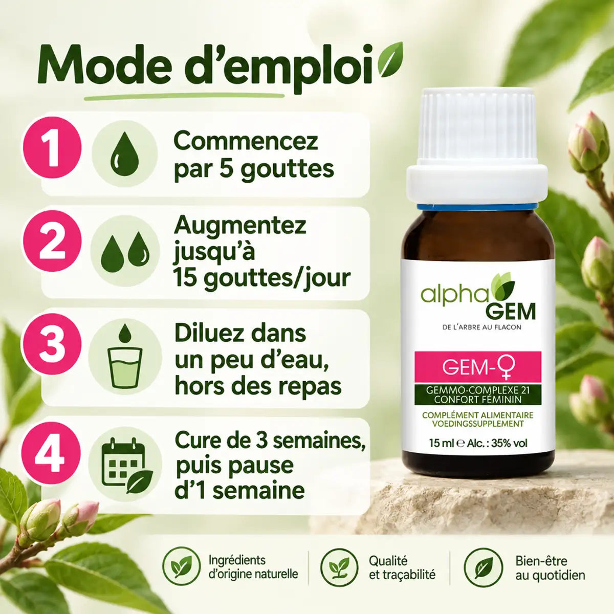 Flacon Gem-Femme 21 Bio Alphagem 15 ml avec pipette et mode d'emploi en 4 étapes : posologie, cure de 3 semaines