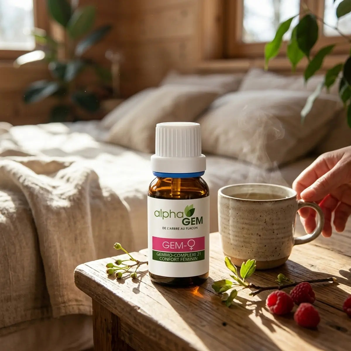 Flacon compte-gouttes ambré Gem-Femme 21 Bio 15 ml Alphagem sur table de chevet en bois, avec tisane, framboise et brindilles