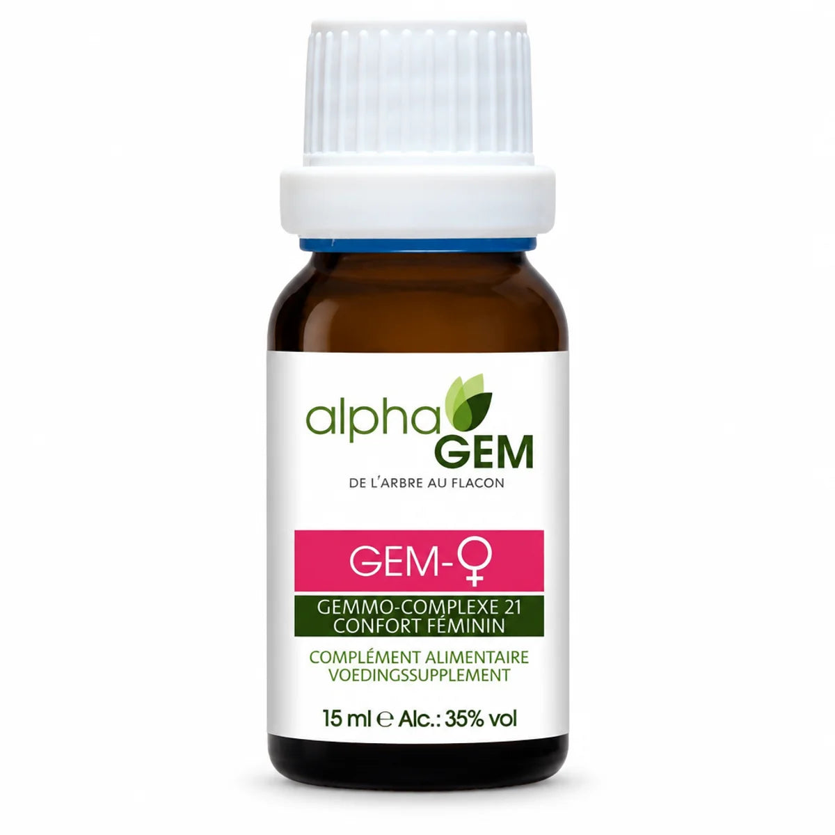 Flacon compte-gouttes ambré de 15 ml Gem-Femme 21 Bio d'Alphagem, étiquette GEM-♀ et GEMMO-COMPLEXE 21 confort féminin