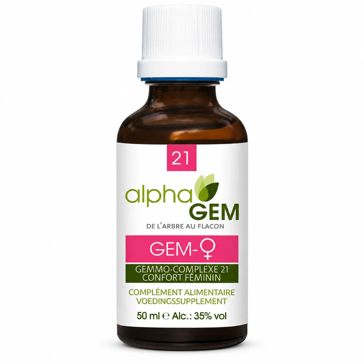 Flacon compte-gouttes en verre brun Gem-Femme 21 Bio Alphagem 50 ml, étiquette blanche, fond blanc, packshot e-commerce
